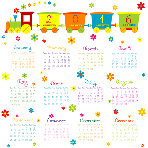 Cute kids calendars 2016 vector 02  