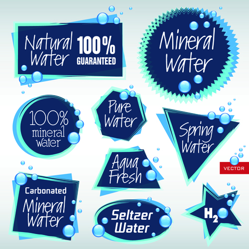 Dark blue natural water labels design vector  