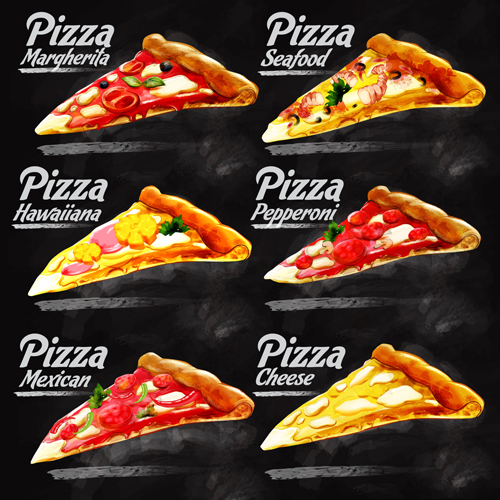 Different pizza with blackboard background vector  