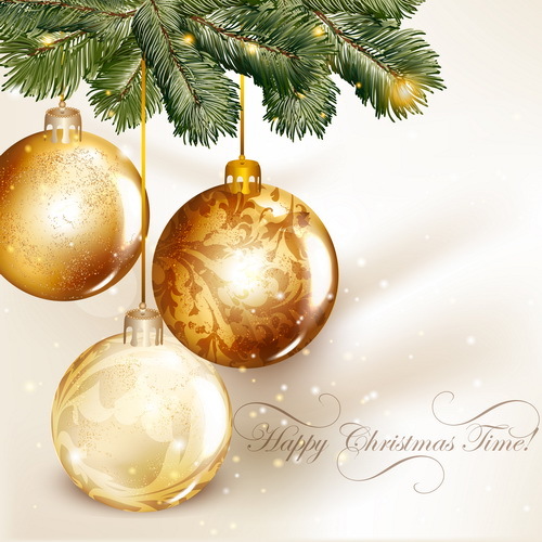 Boules de Noël or avec des branches d'épinette et vecteur de fond de Noël 02  