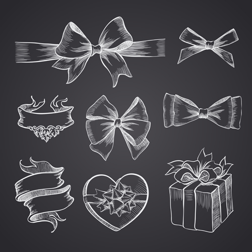 Hand drawn ribbon bow and gift boxes vector 02  