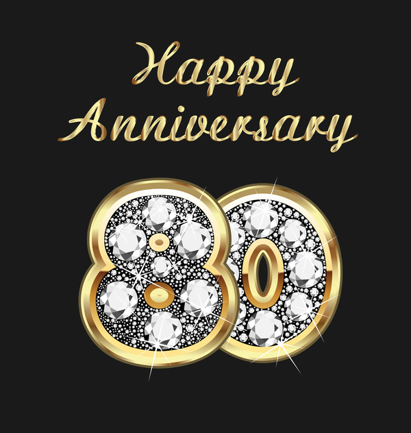 Happy 80 anniversary gold with diamonds background vector  