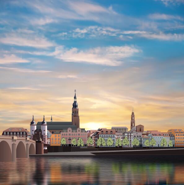 Morgon bakgrund med Panorama av Heidelberg vektor  