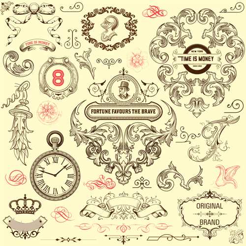 Ornamental elements and labels vintage style vector 03  