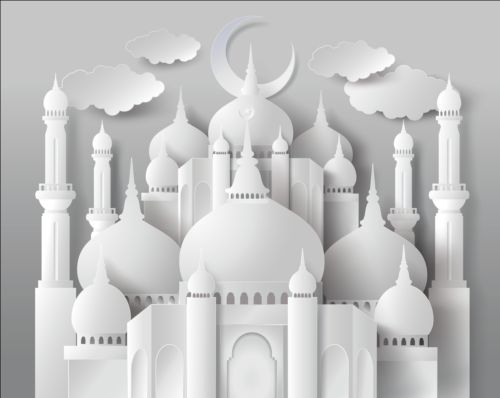 Paper mosque with ramadan kareem background vector 07  