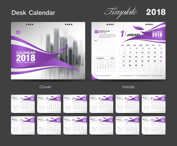 Purple calendar cover with 2018 desk calendar template vector 03  