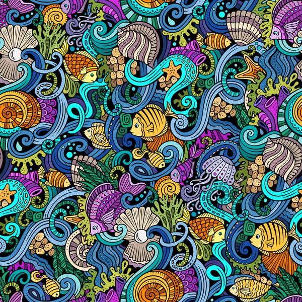 海のシームレスなパターン手描画ベクトル 10  