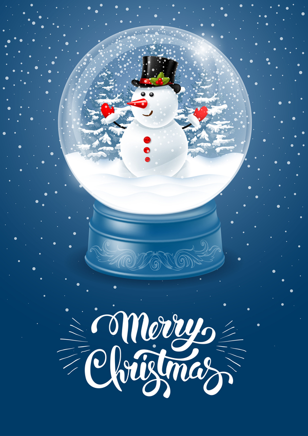 Bonhomme de neige avec boule de cristal et vecteur de fond de Noël 02  