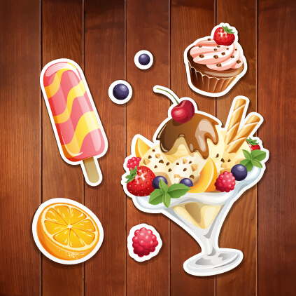 Summer holiday food with wooden background vector 06  