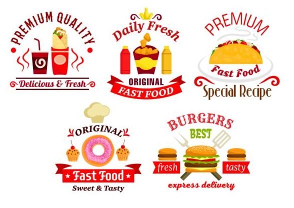 fast food labels design vector set 07  