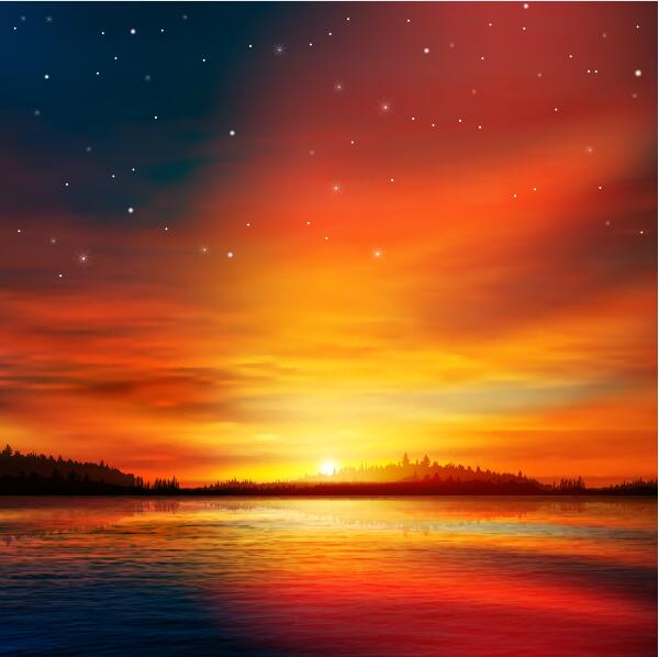 sjö landskap med solnedgång vektor 04  