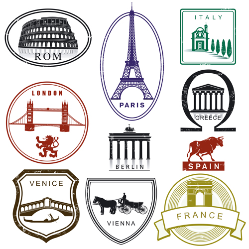 Various Travel stamps design vector 07  