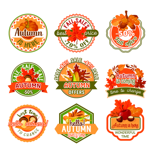 バッジベクトル付き9種類の秋の販売ラベル  