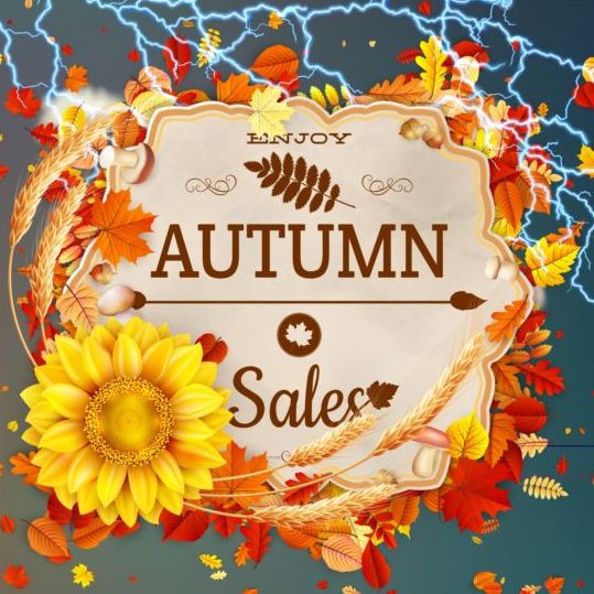 Herfst verkoop achtergrond met bliksem en zonnebloem vector 01  