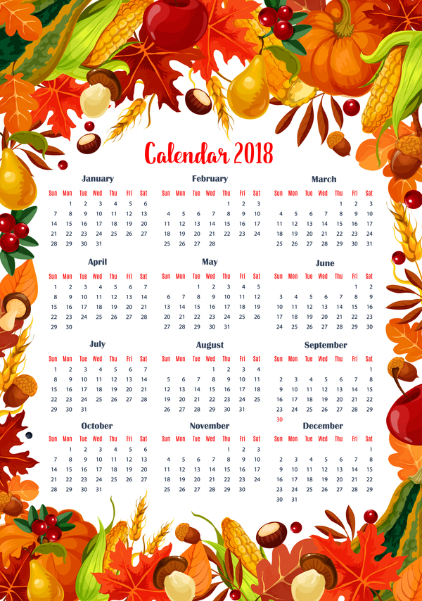 Herbst-Vorlagen 2018 Kalender Vorlage Vektor 08  