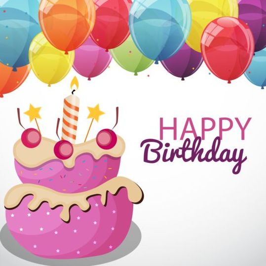 Tecknad födelsedags tårta med färg ballonger vektorer 02  