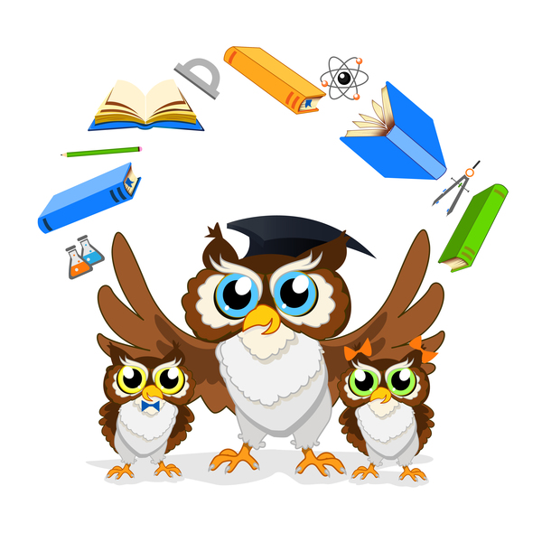 Cartoon owl with school background vector 06  