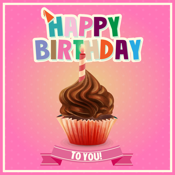 お誕生日おめでとうピンク カード ベクトルとカップケーキ  