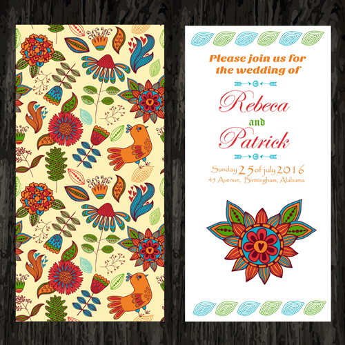 Floral ethnic pattern wedding invitations vector set 01  