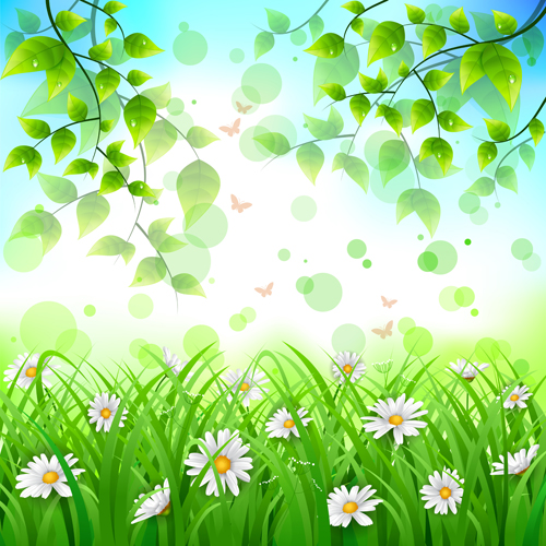 Flower with green leaves spring background vector  
