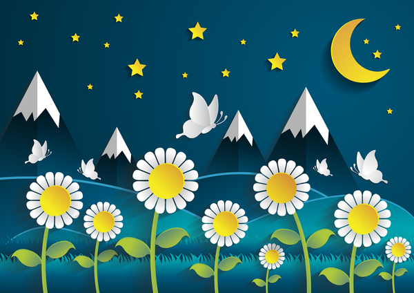 Flower with night time cartoon template vector  