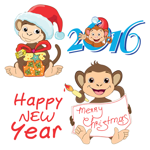 Funny monkey with 2016 new year vectors 03  