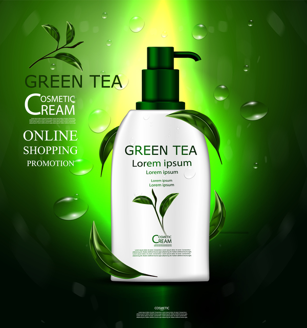 Kosmetischer Cremewerbungsplakatschablonenvektor 05 des grünen Tees  