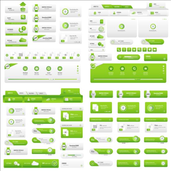 Зеленый веб-сайт меню с кнопками вектор набор  