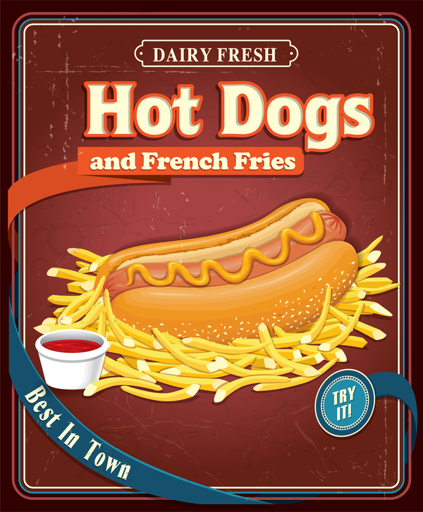 Hot-dogs et frites affiche vecteur rétro  