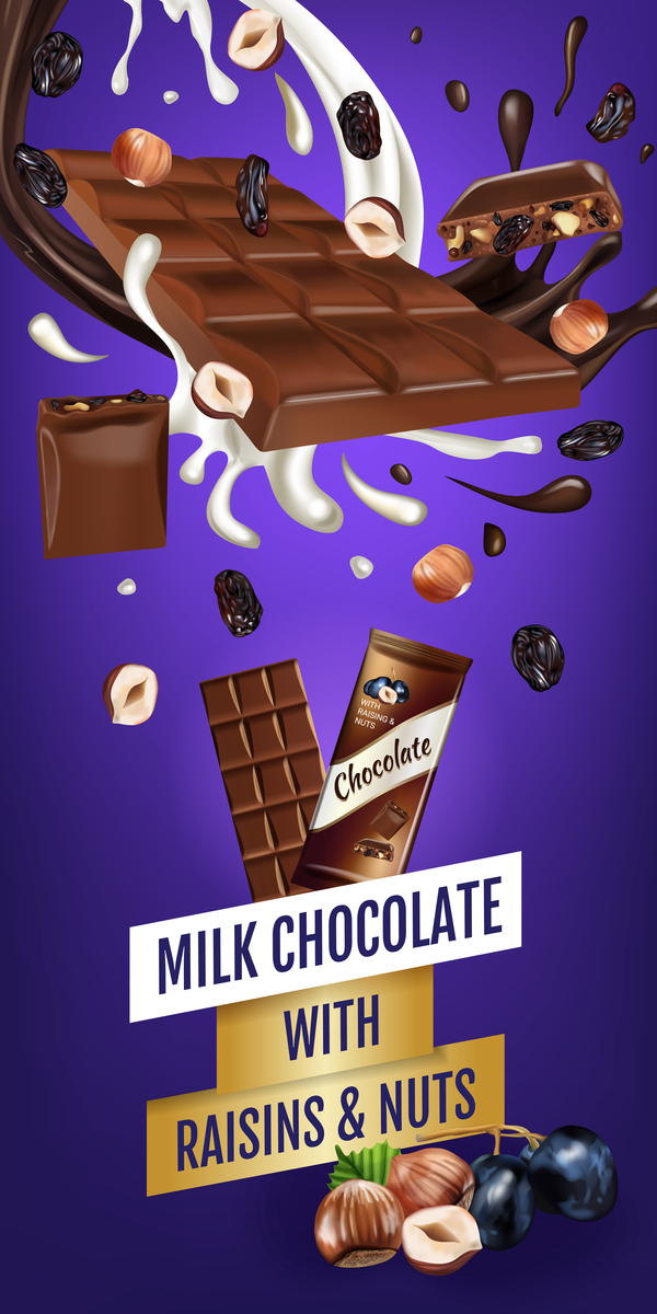 Chocolat au lait avec des noix et raisin affiche vecteur modèle 03  