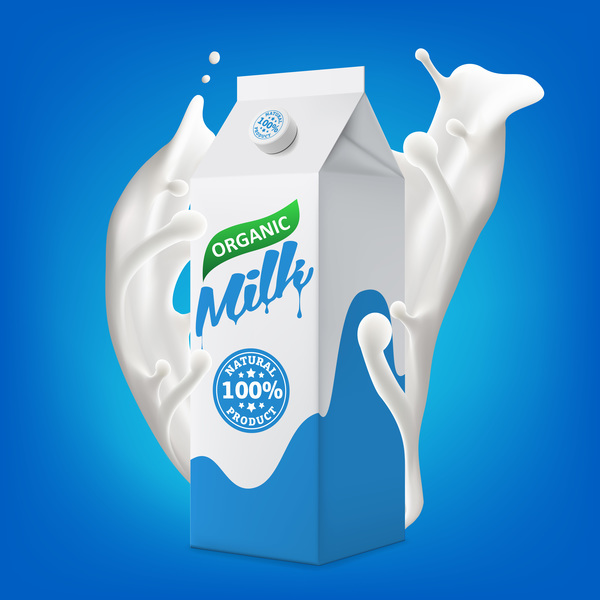 Milchverpackungskarton mit spritzender Milchvektorillustration 01  