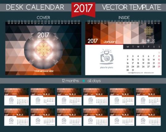 Retro Skriv bords kalender 2017 vektor mall 22  
