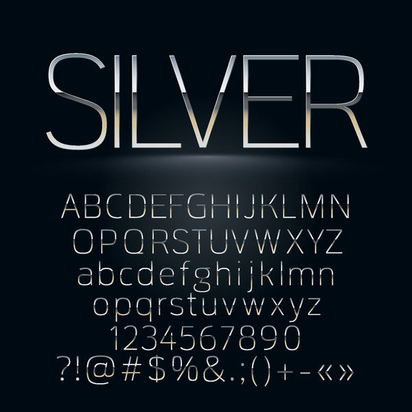 Silbernes Alphabet mit Zahlen und Zeichenvektor  