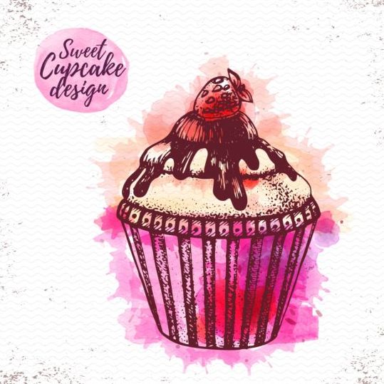 Sweet cupcake hand drawn watercolor vector 01  