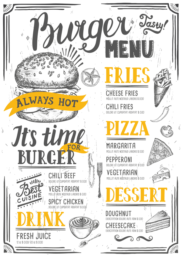Vintage burger menu template vector material 11  
