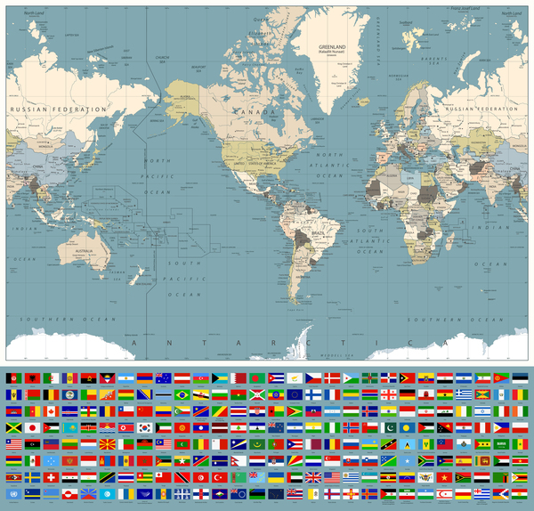 世界の旗ベクトルと世界地図  