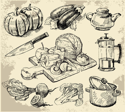 Set of Sketch Kitchen supplies vector 01  
