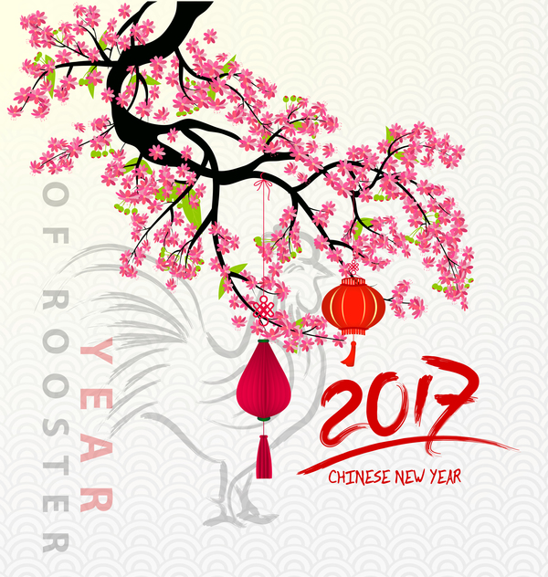 2017 kinesiska nyåret av tuppen med blommor vektor 05  