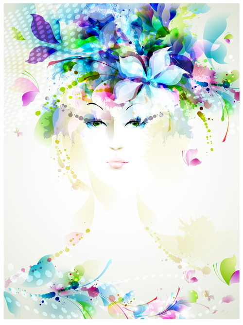 Beautiful women face with watercolor flower vector 05  