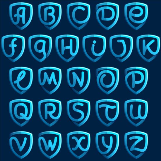 Blue shield alphabet vector  