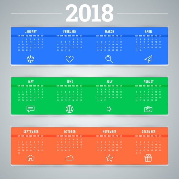 青と緑と赤の2018カレンダーのテンプレートベクトル材料  