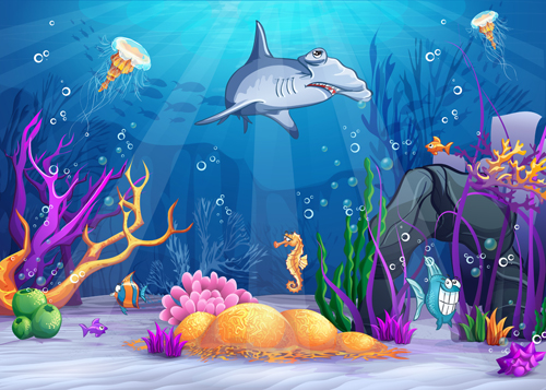 Cartoon underwater world beautiful vector 03  