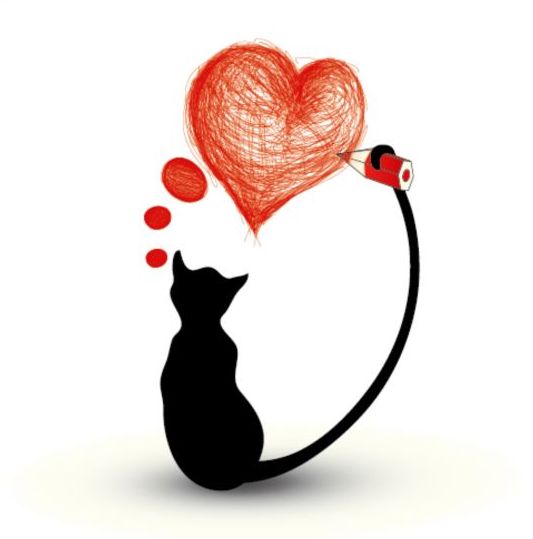 Katzensilhouetter und Herzvektor  