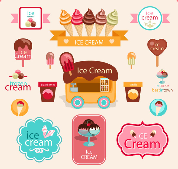Cute ice cream logos with label elements vector 01  