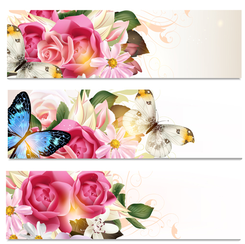 Flowers and butterflies banners vectors 01  