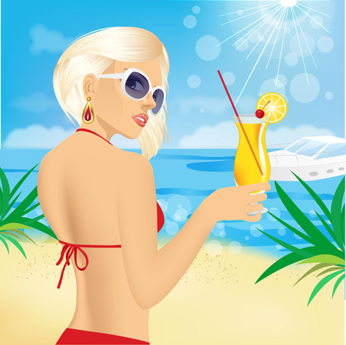 Girl with summer sea and beach vector background 02  