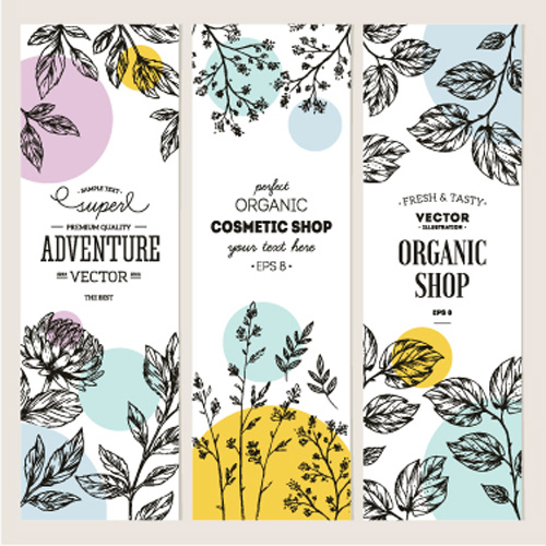 Hand drawn floral banners vectors illustration 01  