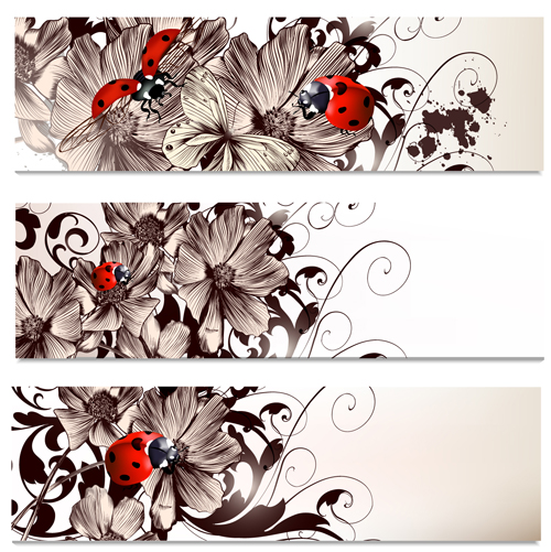 Hand drawn flowers and coccinella vector banners  