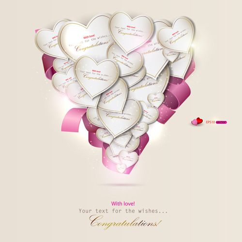 Heart and ribbons Valentine cards vector set 01  