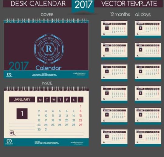 Retro Skriv bords kalender 2017 vektor mall 12  